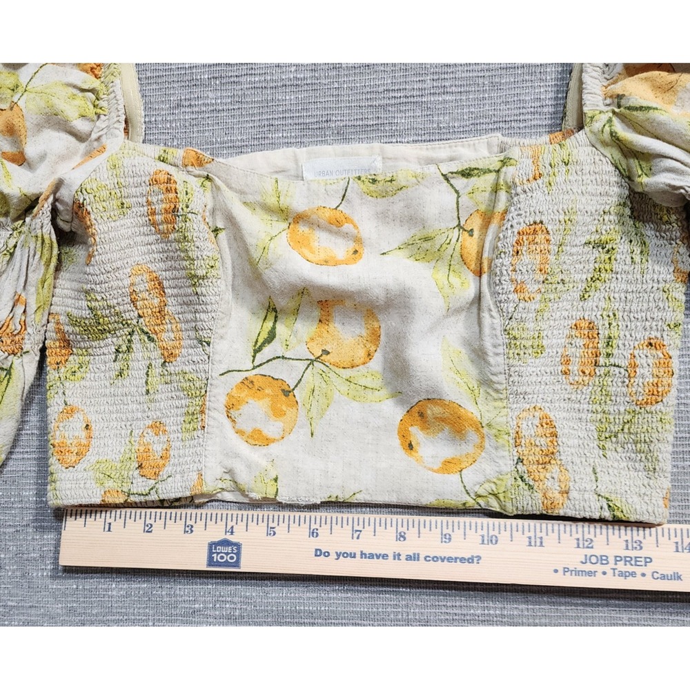 Urban Outfitters Orange Citrus Print Smocked Crop Top Puff Sleeve Linen Blend M - Picture 4 of 11
